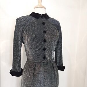 1940's Black Silver Lamé Cocktail Dress Silver Black Velvet Vintage Party Dress